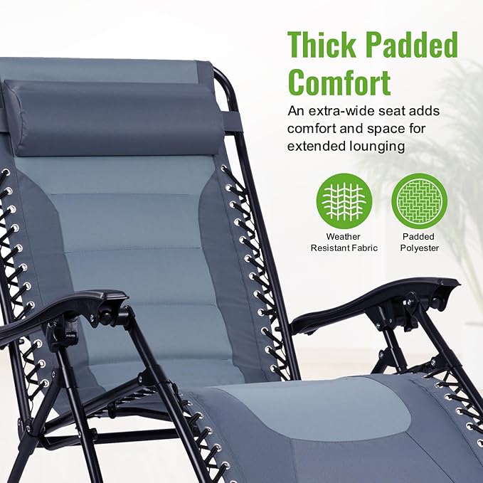 Backyard Expressions Deluxe XL Padded Recliner Zero Gravity Chair – Ergonomic Anti-Gravity Lounger with Folding Design, Side Tray, and Adjustable Headrest