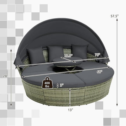 Tangkula Patio Round Daybed with Retractable Canopy, Outdoor Wicker Rattan Furniture Set, Sectional Cushioned Sofa Set with Height Adjustable Coffee Table, Rattan Conversation Set (Grey)