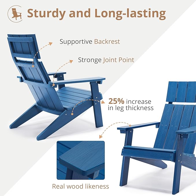 LUE BONA Modern Adirondack Chairs Set of 4, Navy Blue Plastic Adirondack Chair, High Back Poly Adirondack Fire Pit Chairs Weather Resistant, Patio Outdoor Chairs for Porch, Deck, Pool, Garden, 330LBS