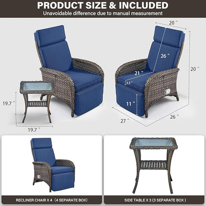 Belord 7 Piece Wicker Patio Furniture Set - 4 Adjustable Outdoor Recliner Chairs with 3 Side Table Patio Conversation Set,155° Lay Flat Chaise Lounge Chair Outdoor for Pool Deck Brown
