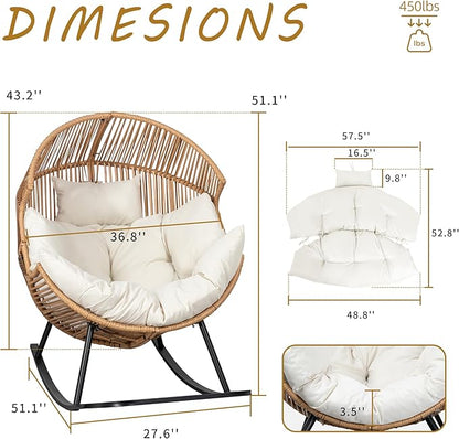 Shintenchi Egg Chair Outdoor, Oversized Outdoor Indoor Wicker Rocking Chair, Large PE Rattan Egg Rocking Chair with Cushion for Patio, Balcony, Backyard, Garden, Beige