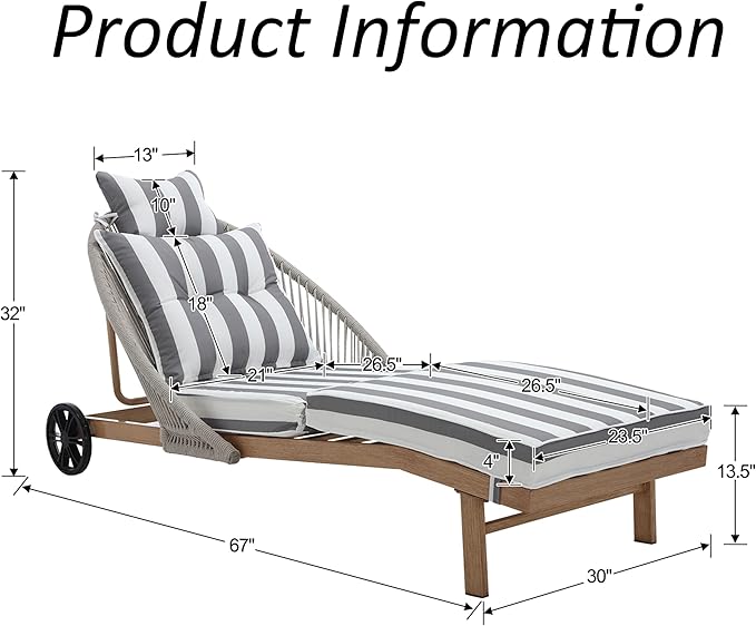 Patio Chaise Lounge Chair with Wheels, Outdoor Lounge Chairs with Thick Cushions, Patio Chaise Lounger Outdoor Handwoven Rope Armrests, Wicker Chairs for Outside, Poolside, Deck, Stripe