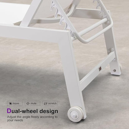 PURPLE LEAF Oversize Chaise Lounge Chair Outdoor 2 Pieces White Aluminum Lounge Chair with Wheels and Table for Pool Deck Patio, Ivory