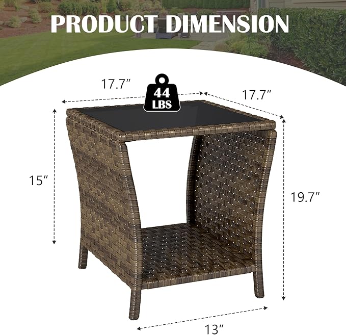 Outdoor Wicker Side Table Rattan Side Tables End Table for Patio with Glass Top Rattan Storage for Patio Garden Balcony