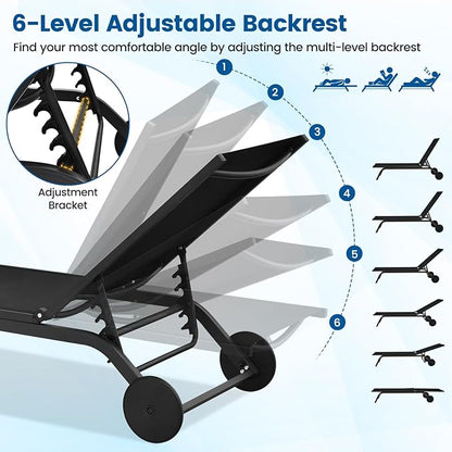 COSTWAY Outdoor Patio Chaise Lounge, 6-Position Adjustable Pool Lounger with Stable Aluminum Frame, Portable Sun Bathing Lounge Chair on Wheels for Backyard Garden, Black