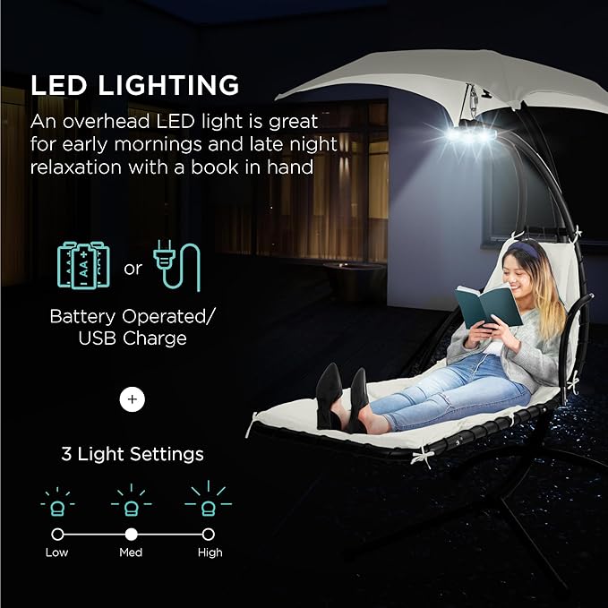 Best Choice Products Hanging LED-Lit Curved Chaise Lounge Chair Swing for Backyard, Patio, Lawn w/ 3 Light Settings, Weather-Resistant Pillow, Removable Canopy Shade, Steel Stand - Ivory