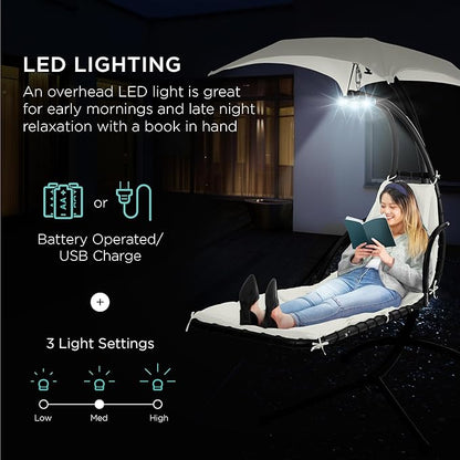 Best Choice Products Hanging LED-Lit Curved Chaise Lounge Chair Swing for Backyard, Patio, Lawn w/ 3 Light Settings, Weather-Resistant Pillow, Removable Canopy Shade, Steel Stand - Ivory