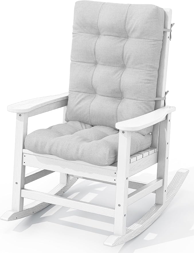 KINGYES Oversized Outdoor Rocking Chair with Cushion, All-Weather Patio Rocking Chairs, HDPE Porch Rocker for Adults, 350 lbs Capacity, White Chair with Grey Cushion