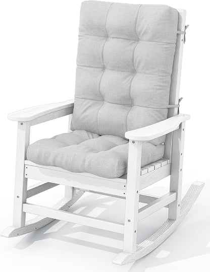 KINGYES Oversized Outdoor Rocking Chair with Cushion, All-Weather Patio Rocking Chairs, HDPE Porch Rocker for Adults, 350 lbs Capacity, White Chair with Grey Cushion