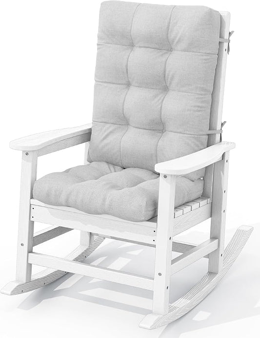 KINGYES Oversized Outdoor Rocking Chair with Cushion, All-Weather Patio Rocking Chairs, HDPE Porch Rocker for Adults, 350 lbs Capacity, White Chair with Grey Cushion