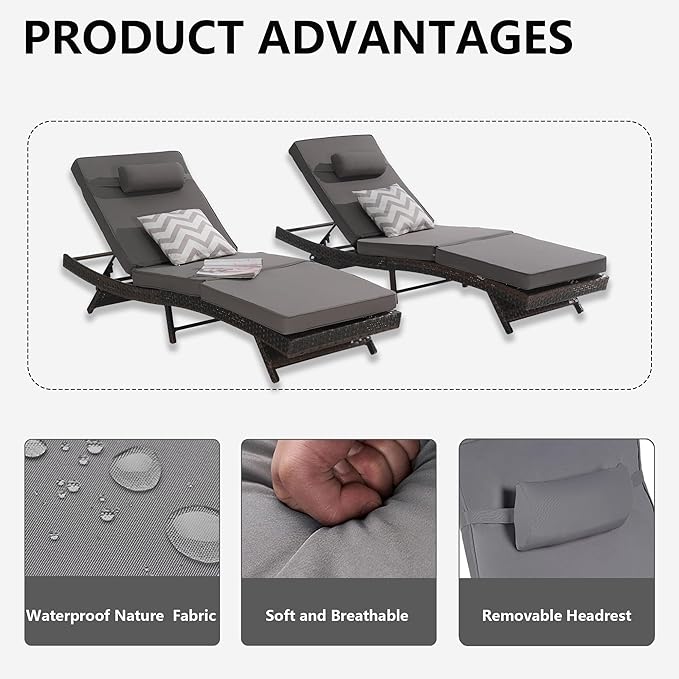 Outdoor Lounge Chairs Set of 2,Wicker Chaise Lounge Chair Pool Chaise Lounge,Patio Lounge Chair with Adjustable Backrest Arm Cushion for Poolside