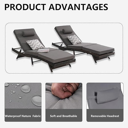 Outdoor Lounge Chairs Set of 2,Wicker Chaise Lounge Chair Pool Chaise Lounge,Patio Lounge Chair with Adjustable Backrest Arm Cushion for Poolside