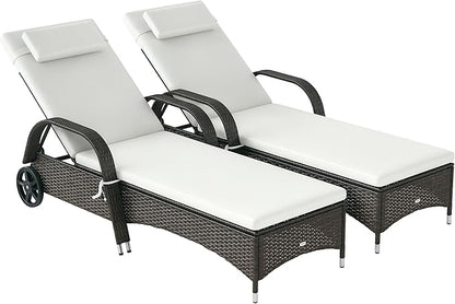 Outsunny Wicker Outdoor Chaise Lounge Set of 2, 5-Level Adjustable Backrest PE Rattan Pool Lounge Chair with Wheels, Cushion & Headrest, Mixed Brown and Cream White