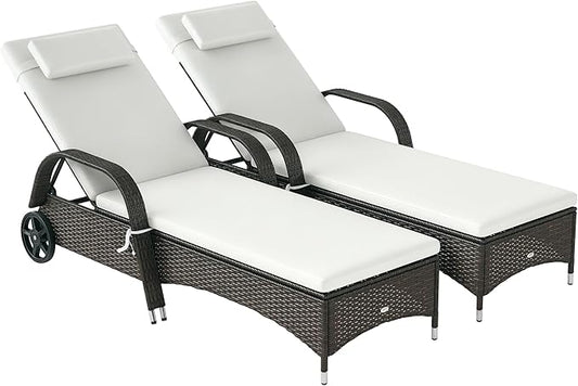 Outsunny Wicker Outdoor Chaise Lounge Set of 2, 5-Level Adjustable Backrest PE Rattan Pool Lounge Chair with Wheels, Cushion & Headrest, Mixed Brown and Cream White