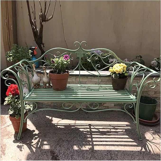 Park Bench Patio Garden Bench Backyard Benches, Metal Garden Bench Seat Park Chair Patio Decoration Furniture, Beautiful Shabby Vintage Outdoor Bench with Backrest (Color : Green)
