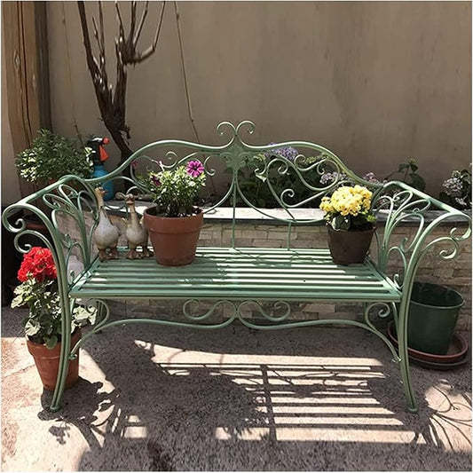 Park Bench Patio Garden Bench Backyard Benches, Metal Garden Bench Seat Park Chair Patio Decoration Furniture, Beautiful Shabby Vintage Outdoor Bench with Backrest (Color : Green)