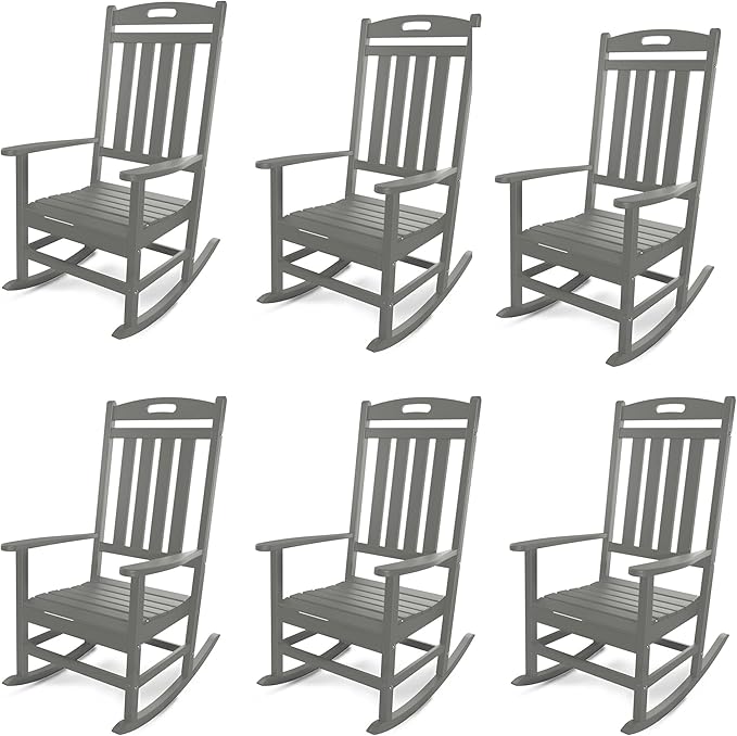 Outdoor Rocking Chair Set of 6, All-Weather Resistant Poly Lumber Rocker Chair Outdoor, High Back Plastic Patio Rocking Chairs for Outside Porch Rocker Garden Lawn, Slate Grey
