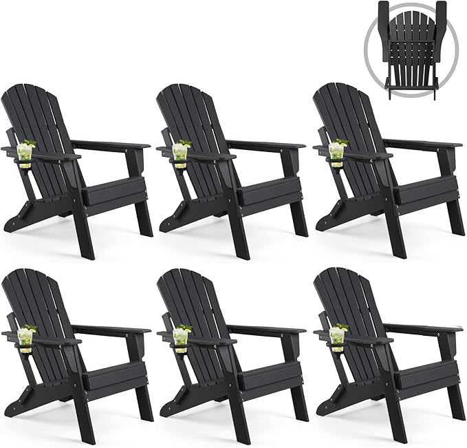 FUNBERRY Folding Adirondack Chair Set of 6, All Weather HDPE Fire Pit Chairs with Cup Holder for Outdoor