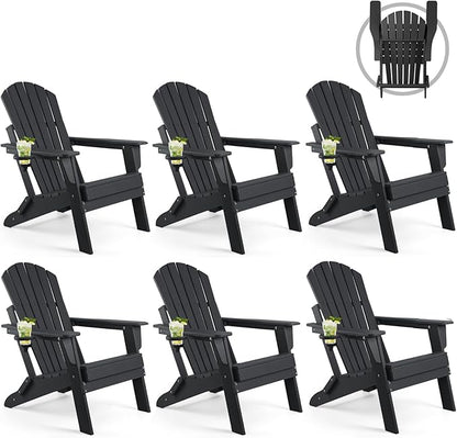 FUNBERRY Folding Adirondack Chair Set of 6, All Weather HDPE Fire Pit Chairs with Cup Holder for Outdoor