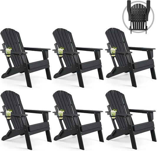 FUNBERRY Folding Adirondack Chair Set of 6, All Weather HDPE Fire Pit Chairs with Cup Holder for Outdoor