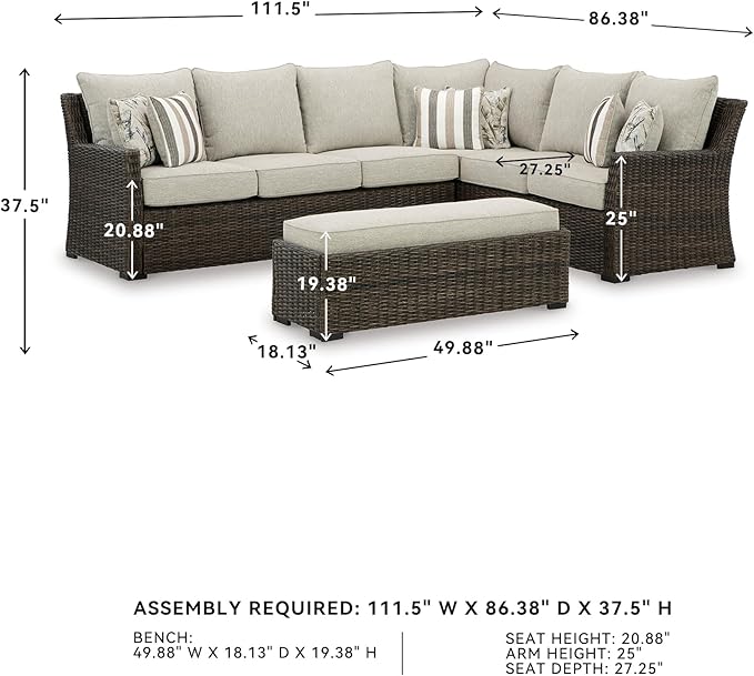 Signature Design by Ashley Brook Ranch Outdoor Sectional, All‑Weather Resin Wicker Patio Furniture With High‑Performance Cushions, Durable Aluminum Frame, Neutral