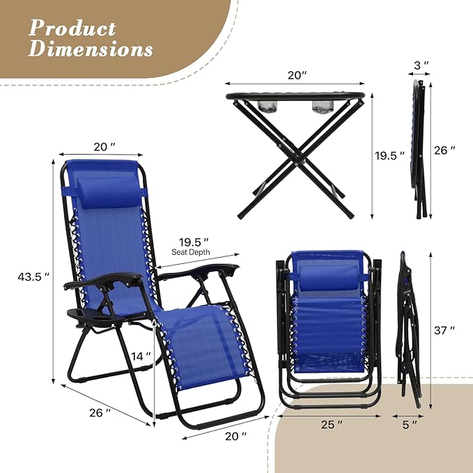 Athena Collection Zero Gravity Outdoor Lounge Chair Set of 2 with Side Table, 25" Width Pool Lounge Lawn Chairs Reclining with Cup Holder, Outdoor Chaise for Beach Patio Backyard Outside, Blue