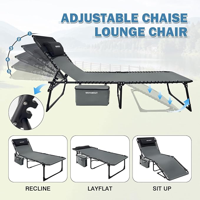 Folding Lounge Chair Outdoor with Insulated Cooler Bag Portable for Outside Patio Chaise Lounge Chair 5-Position with Pillow for Beach Sunbathing Pool Camping Lawn