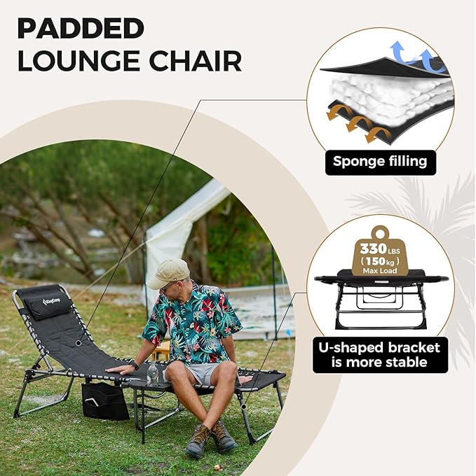 KingCamp Oversize Lounge Chair Outdoor, Extra Large Padded Folding 5 Positions Chaise Tanning Chairs with Pillow & Side Table for Outside Sunbathing Beach Patio Pool Camping (Black)