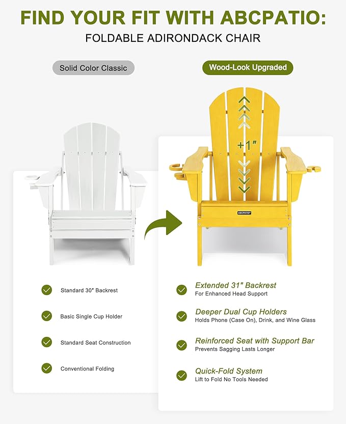 Folding Adirondack Chair with Dual Cup Holders, All-Weather HDPE Patio Chair Deck Chairs Outdoor, Fire Pit Chairs for Garden, Lawn, Poolside, Backyard, Pool - Yellow (Wood-Look)