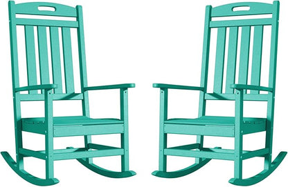 Outdoor Rocking Chair Set of 2, High Back Plastic Patio Rocking Chairs for Outside Porch Rocker Garden Lawn, All-Weather Resistant Poly Lumber Rocker Chair Outdoor, Aruba Blue