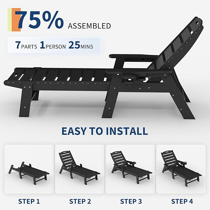HDPE 5-Position Patio Lounge Chair for Outside, HDPE Chaise Lounge Outdoor with Cup Holder, Resin Pool Lounger Chair