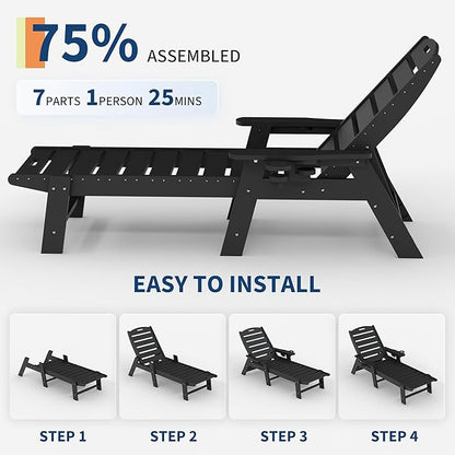 HDPE 5-Position Patio Lounge Chair for Outside Set of 2, HDPE Chaise Lounge Outdoor with Cup Holder, Resin Pool Lounger Chair