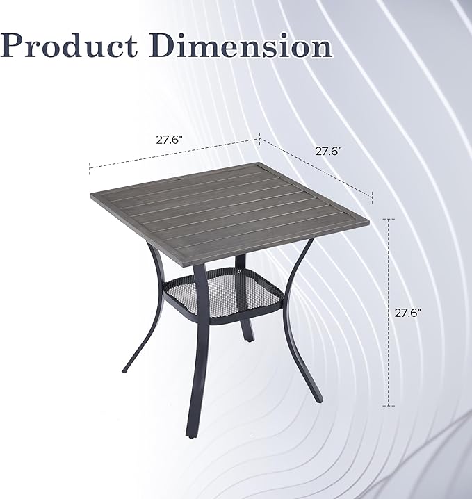 Outdoor Dining Table with Storage Shelf, 27.5" All-Weather Square Patio Dining Table for 2, Metal Patio Table for Garden Lawn Porch Deck Yard, Grey
