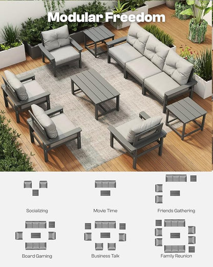 Grey HDPE Outdoor Patio Furniture Set, 7-Piece Patio Conversation Sets with Coffee Table & Side Table & Washable Thick Cushions, Outdoor Sofa for Balcony, Porch, Poolside