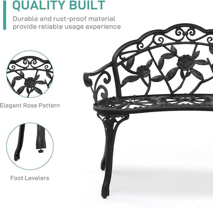 Black 38.5inch Outdoor Bench, Porch Bench, Garden Bench, Cast Aluminum & Iron Bench, Outdoor Bench, Garden Bench Patio Furniture Chair Outdoor Bench,Outside Bench Patio Seating