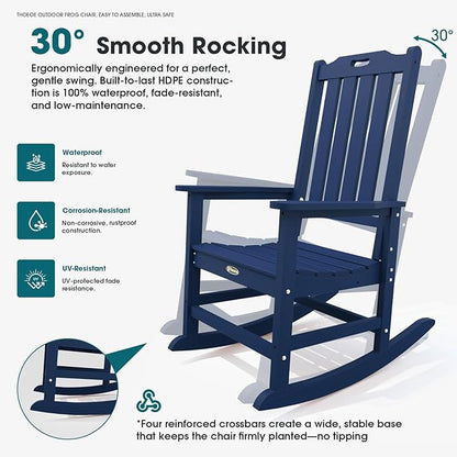 Oversized Rocking Chair Set of 8, Outdoor Rocking Chair for Adults, All Weather Resistant Porch Rocker for Lawn Garden, Navy Blue