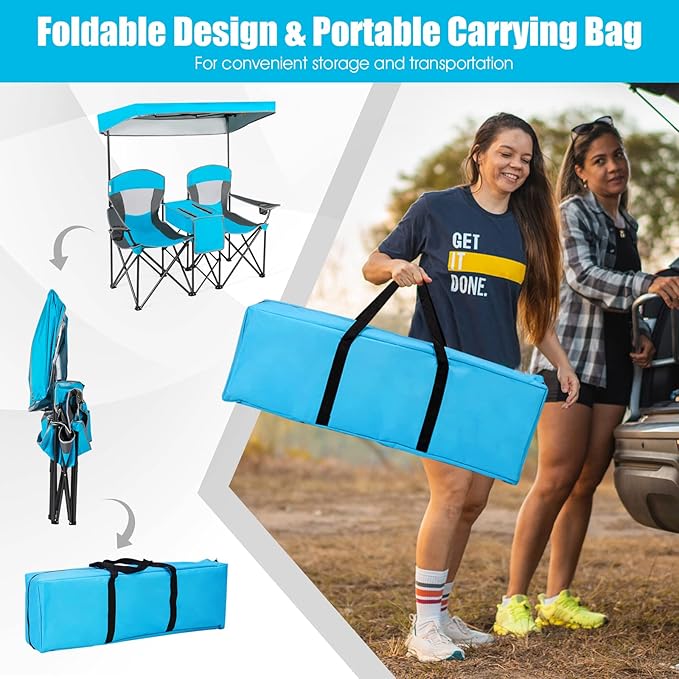 S AFSTAR Double Camping Chair w/Shade Canopy, 2-Person Folding Camp and Beach Chair with Mini Table Beverage Cup Holder Carrying Bag, Collapsible Camping Chairs for Garden Patio Pool Beach
