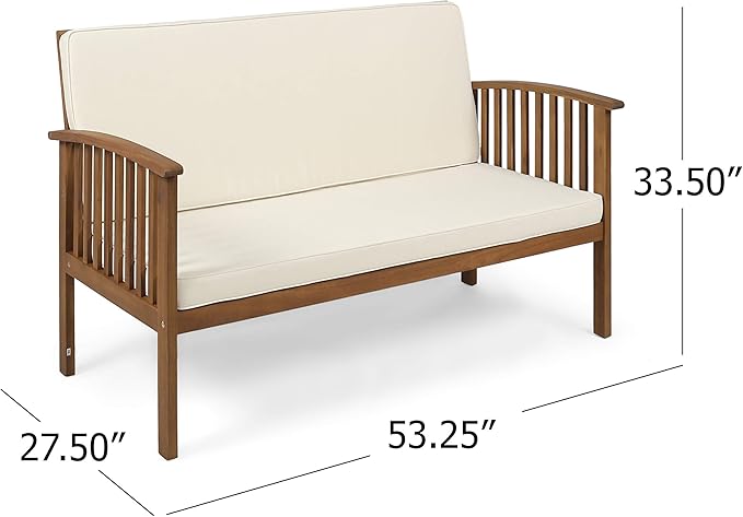 Christopher Knight Home Grace Outdoor Acacia Wood Loveseat, Brown Patina Finish and Cream - Photo 2