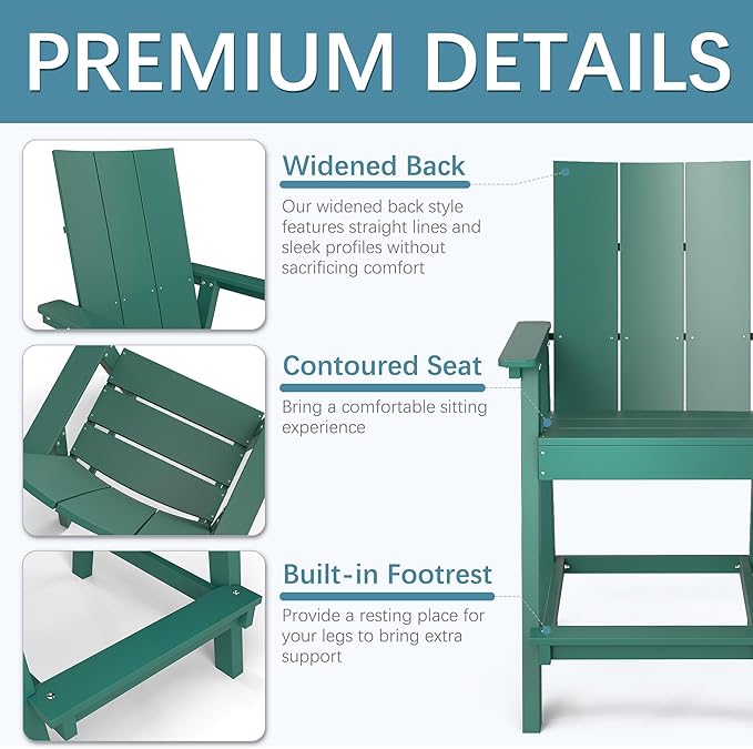 Tall Adirondack Chair Set of 2, HDPE Balcony Chairs with Connecting Tray, Two Cup Holders, All-Weather Adirondack Bar Stools for Patio, Balcony, Backyard, Poolside, Dark Green