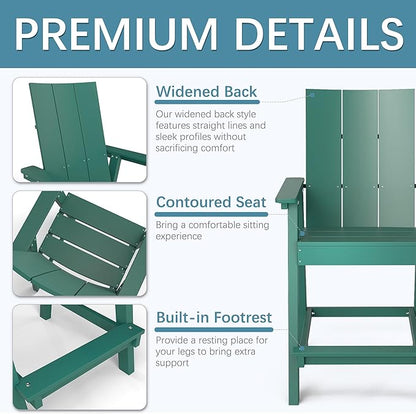 Tall Adirondack Chair Set of 2, HDPE Balcony Chairs with Connecting Tray, Two Cup Holders, All-Weather Adirondack Bar Stools for Patio, Balcony, Backyard, Poolside, Dark Green