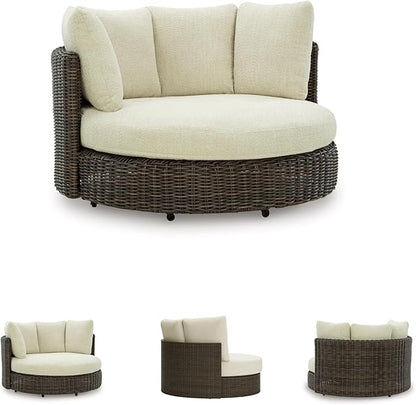 Signature Design by Ashley Kimora Casual Nuvella Weather Resistant Fabric Outdoor Swivel Lounge Chair with Zippered Removable Cushion and Casters, Beige & Dark Brown