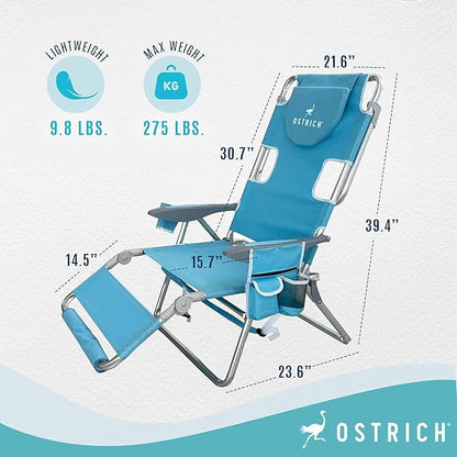Ostrich Deluxe 3N1 Padded Beach Chair w/Face Cushion & Arm Holes, Light Blue - Lightweight Folding Recliner w/Adjustable Backrest & Footrest, Cup Holder, Side Utility Bag, 275 lb Weight Capacity