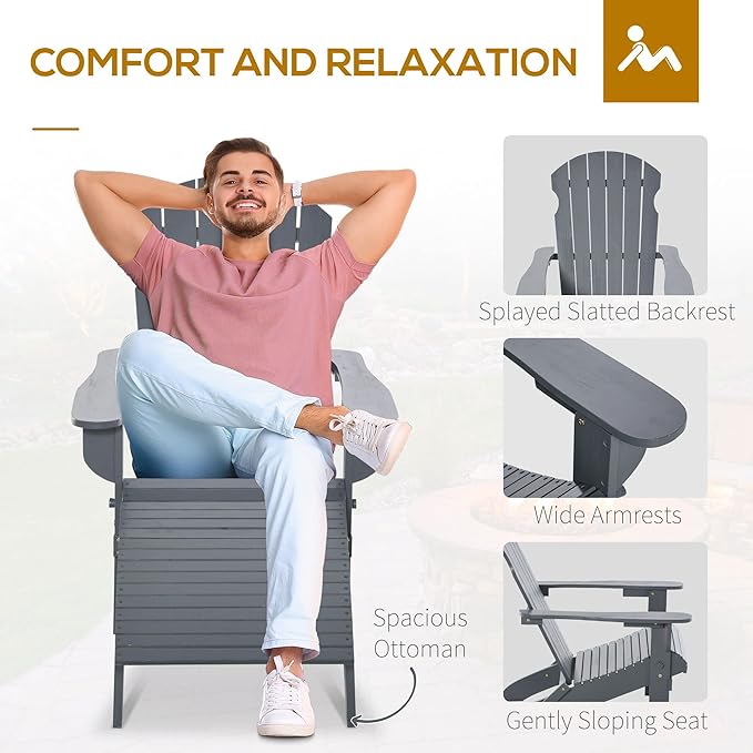 Outsunny 3-Piece Folding Adirondack Chair with Ottoman and Side Table, Outdoor Wooden Fire Pit Chairs w/High-Back, Wide Armrests for Patio, Backyard, Garden, Lawn Furniture, Gray