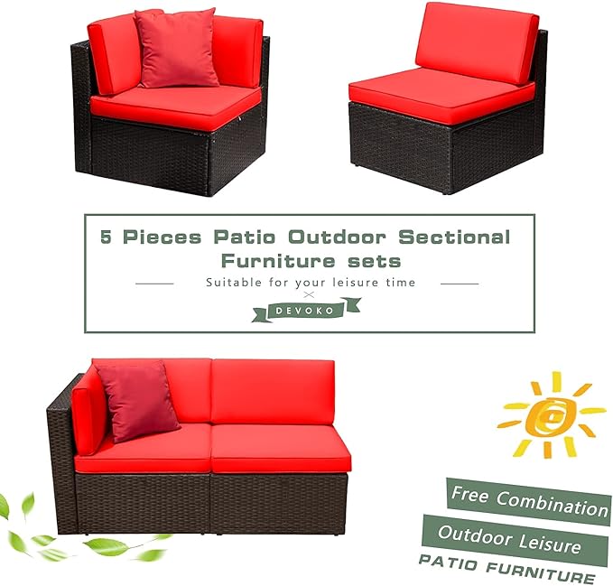 Devoko 2-Piece Modern Red Rattan & Metal Patio Sofa Set - Sectional Corner Sofa & Armless Sofa - Photo 5
