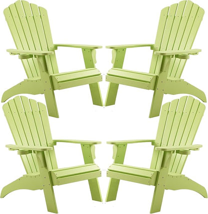 Psilvam Adirondack Chair, Oversized Poly Lumber Fire Pit Chair with Cup Holder, 350Lbs Support Patio Chairs for Garden, Weather Resistant Adirondack Chair Looks Like Real Wood (4, Green)