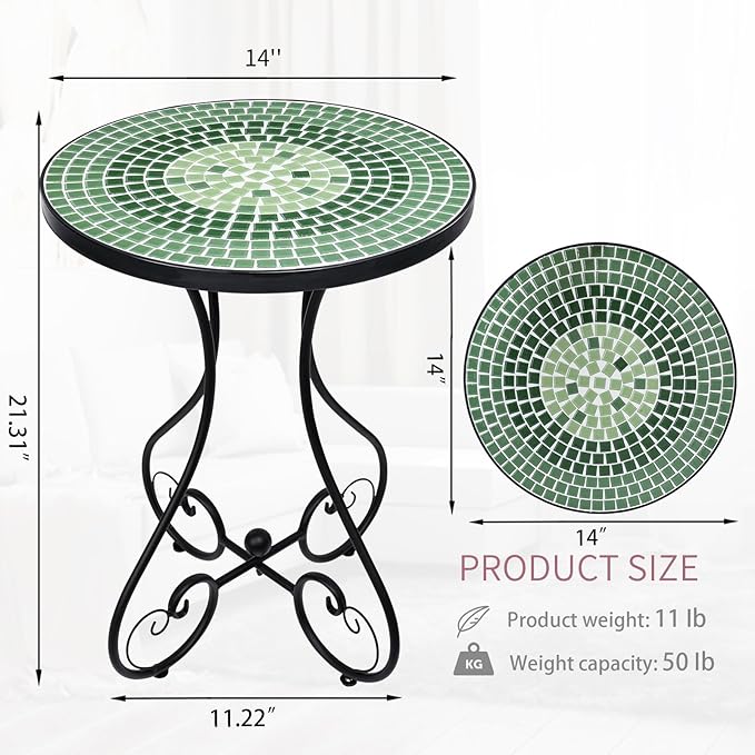 VCUTEKA Outdoor Side Table Mosaic Patio Table Accent Tables Mosaic Tile Top Metal Frame Small End Tables Porch Beach Patio Garden Balcony Green