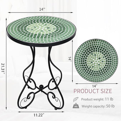 VCUTEKA Outdoor Side Table Mosaic Patio Table Accent Tables Mosaic Tile Top Metal Frame Small End Tables Porch Beach Patio Garden Balcony Green