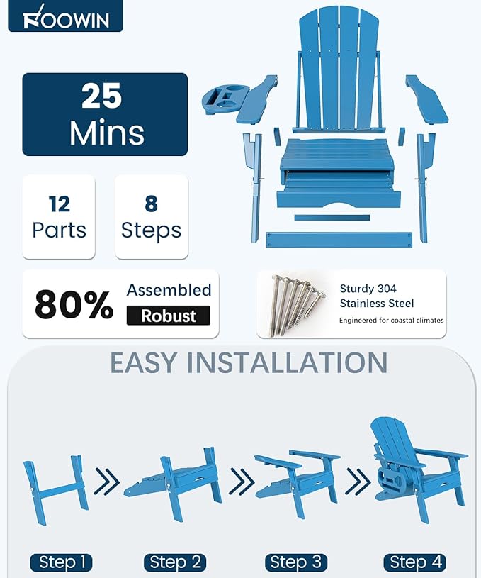 FOOWIN Folding Adjustable Adirondack Chair with Retractable Ottoman Set of 4, HDPE Adirondack Chair w/4 in 1 Cup Holder Trays,All-Weather Resistant Fire Pit Chair for Outdoor Patio Lawn, Pacific Blue