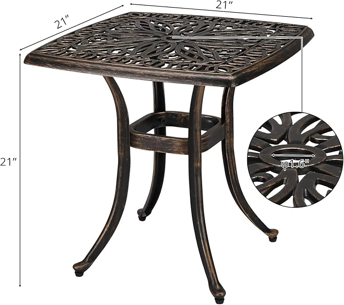 Bonnlo 21 Inch Cast Aluminum Outdoor Side Table with Umbrella Hole, Anti-Rust Coffee Bistro Table for Outdoor, Patio - Photo 3