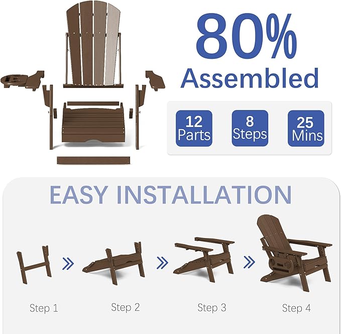 FOOWIN Adirondack Chair with Retractable Ottoman,HDPE Folding Adjustable Adirondack Chair w/4 in 1 Cup Holder Trays,All-Weather Resistant Fire Pit Chair for Outdoor Patio Lawn Set of 4